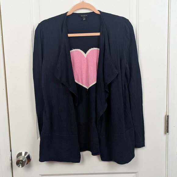 Talbots | Navy Blue Pink Heart Appliqué Open Front Cardigan Size Small - Picture 2 of 7